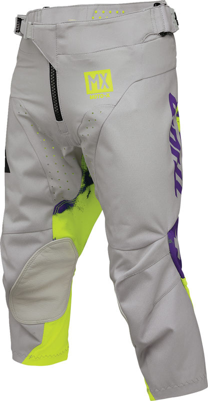 Gray and acid wash youth bleach pants by THOR, style THOR Youth Launchmode, US size 28, shown flat with front view.
