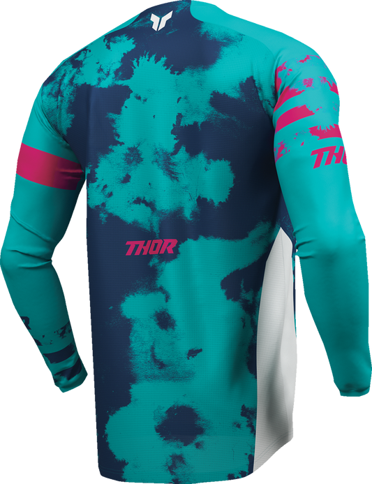 White and aqua THOR Youth Launchmode Bleach Jersey XL, featuring THOR branding and sporty design, shown in the product image.