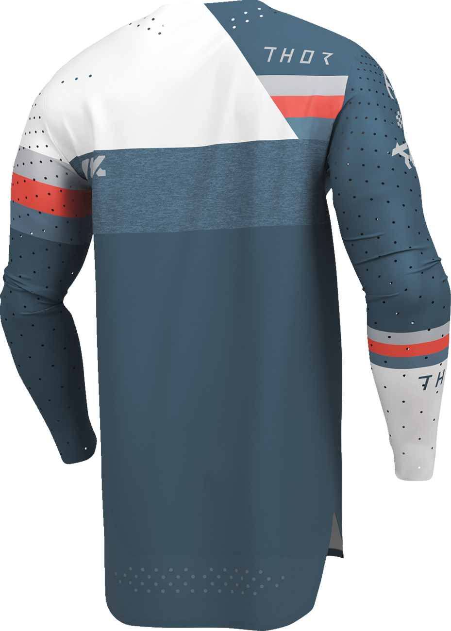 Blue and white THOR Sportmode League Jersey in medium size, featuring the THOR logo and athletic design.
