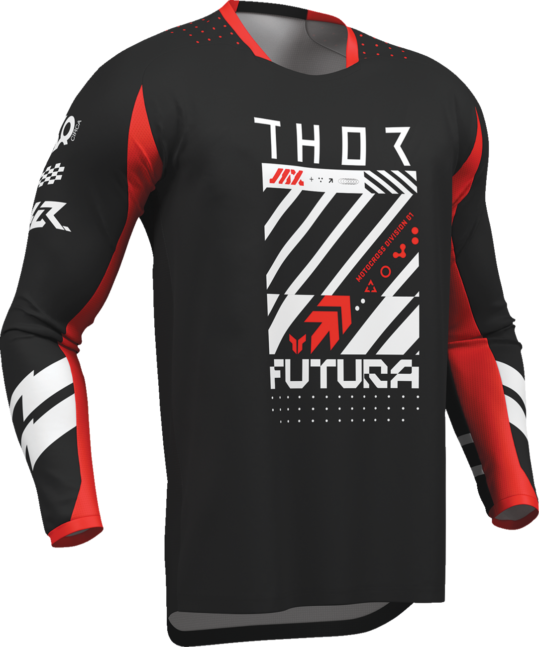 Black and red THOR Launchmode Futura motorcycle jersey in 2XL made of durable poly/spandex fabric, featuring a sleek design.