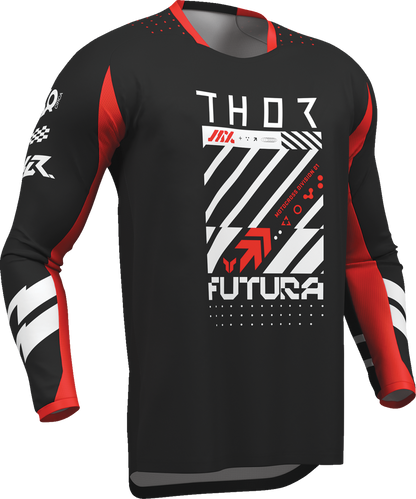 Black and red THOR Launchmode Futura motorcycle jersey in 2XL made of durable poly/spandex fabric, featuring a sleek design.