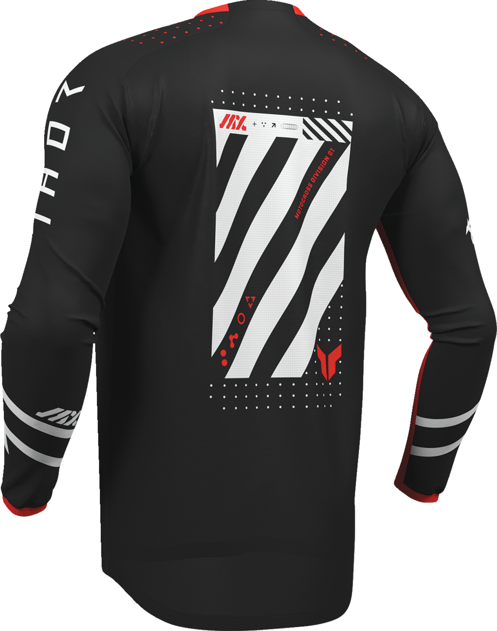 THOR Launchmode Futura Jersey in black and red, 2XL, featuring durable poly/spandex fabric for motorcycle riding.