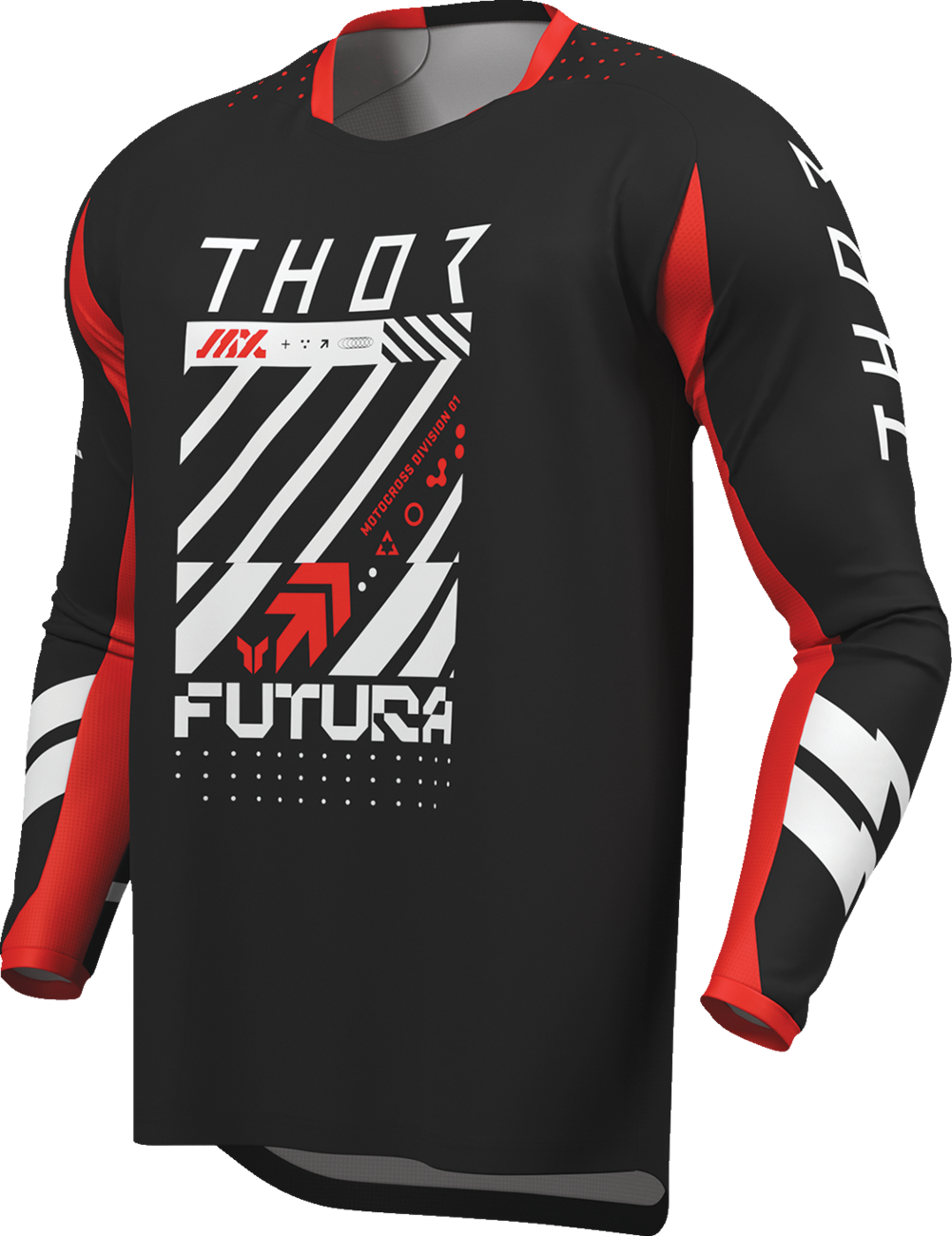Black and red THOR Launchmode Futura motorcycle jersey in 2XL, made of durable poly/spandex fabric, featuring the THOR logo.