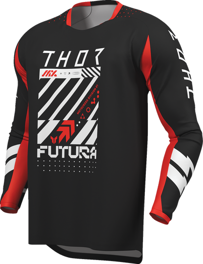 Black and red THOR Launchmode Futura motorcycle jersey in 2XL, made of durable poly/spandex fabric, featuring the THOR logo.