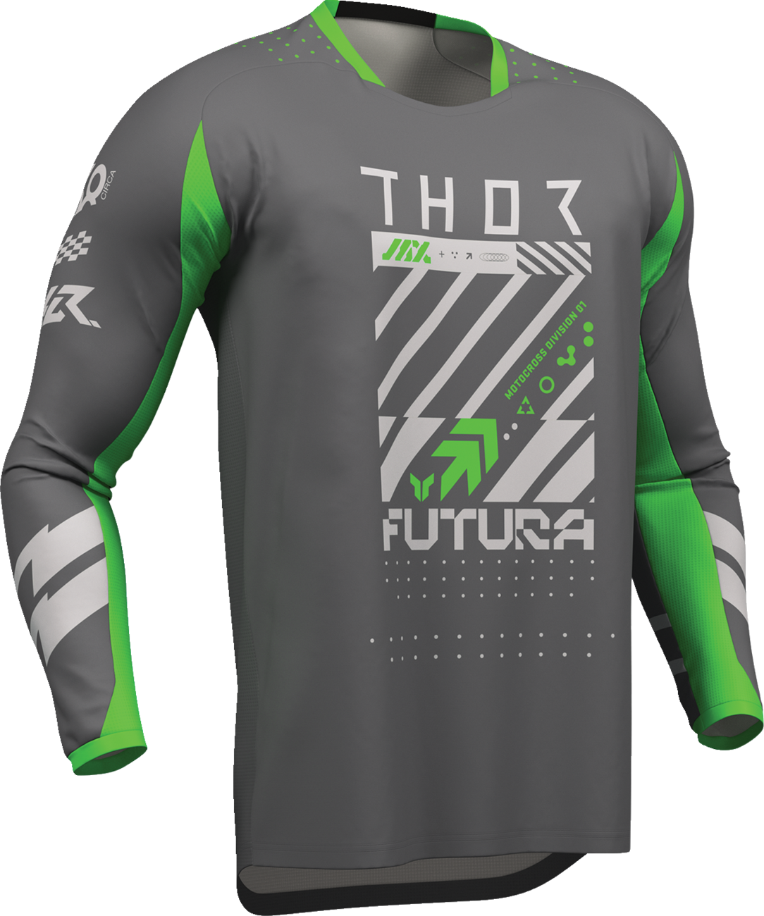 THOR Launchmode Futura Jersey in charcoal and green, large size, high-performance cycling apparel with breathable fabric and sporty design.