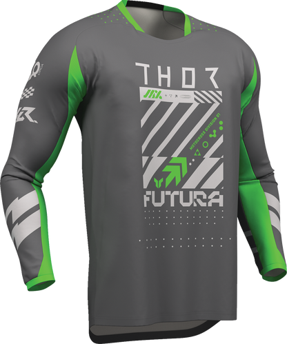 THOR Launchmode Futura Jersey in charcoal and green, large size, high-performance cycling apparel with breathable fabric and sporty design.