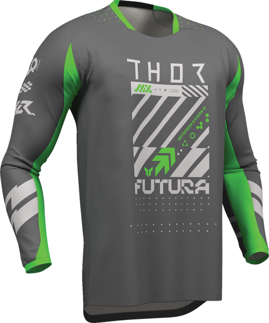 THOR Launchmode Futura Jersey in charcoal and green, large size, high-performance cycling apparel with breathable fabric and sporty design.
