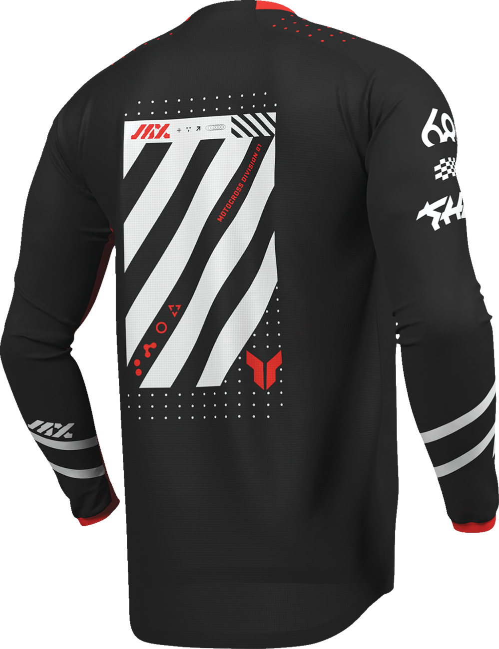 Black and red THOR Launchmode Futura motorcycle jersey in 2XL, made from durable poly/spandex fabric with sporty design.