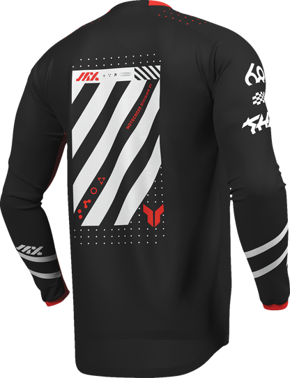 Black and red THOR Launchmode Futura motorcycle jersey in 2XL, made from durable poly/spandex fabric with sporty design.