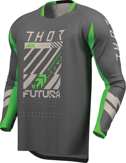 High-performance THOR Launchmode Futura cycling jersey in charcoal and green, size large, designed for active cycling.