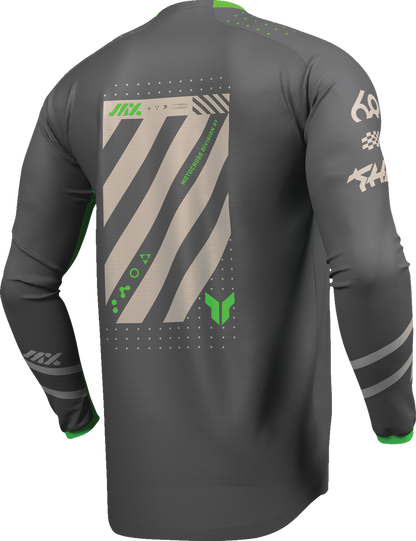 High-performance THOR Launchmode Futura cycling jersey in charcoal and green, large size, showing breathable fabric and sleek design.