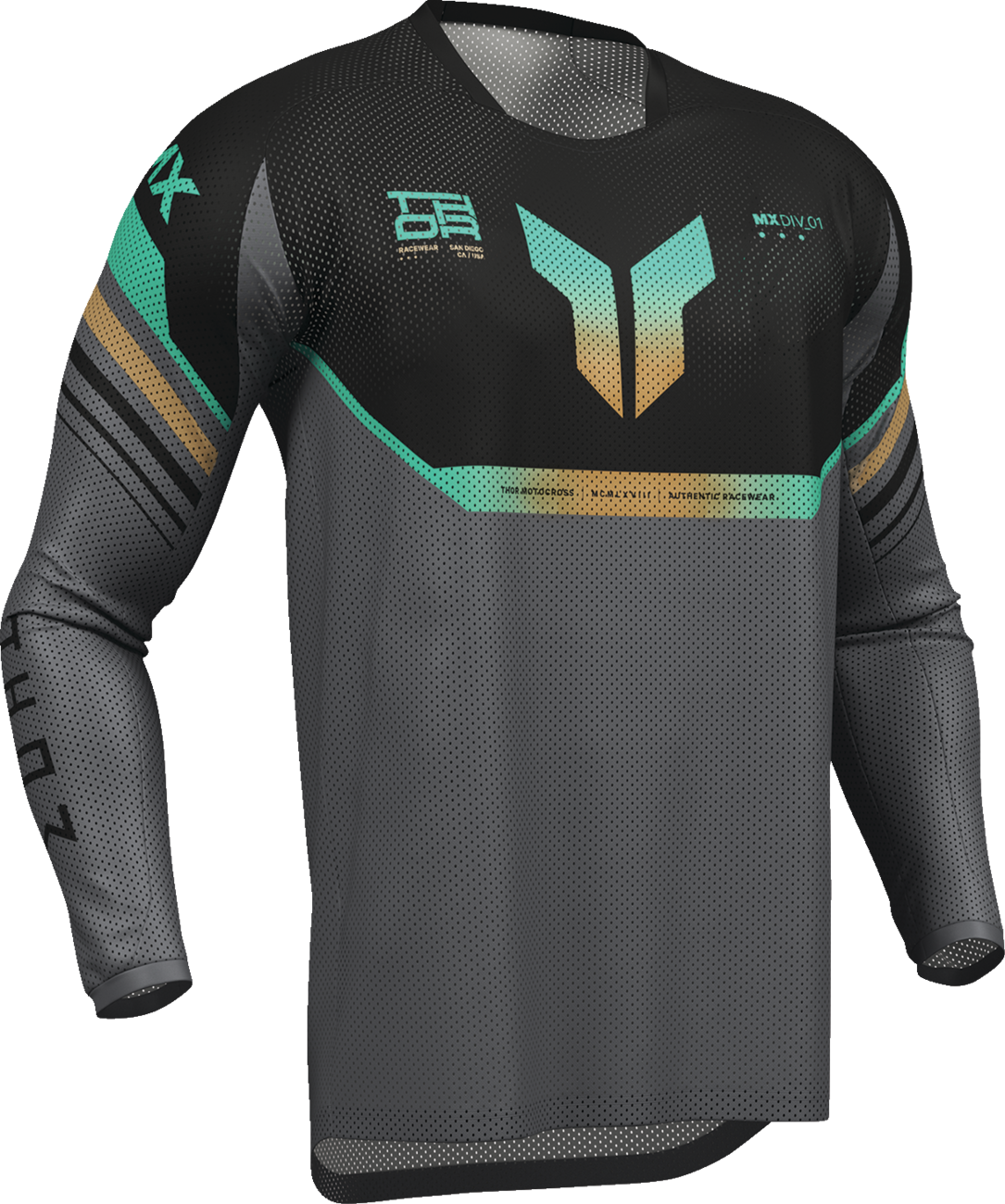 Black and charcoal THOR Launchmode Air Raptor jersey in medium size, featuring breathable fabric and sporty design.