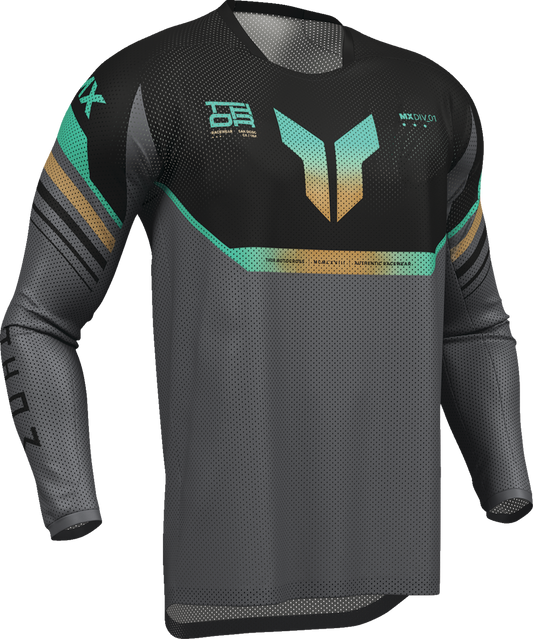 Black and charcoal THOR Launchmode Air Raptor jersey in medium size, featuring breathable fabric and sporty design.