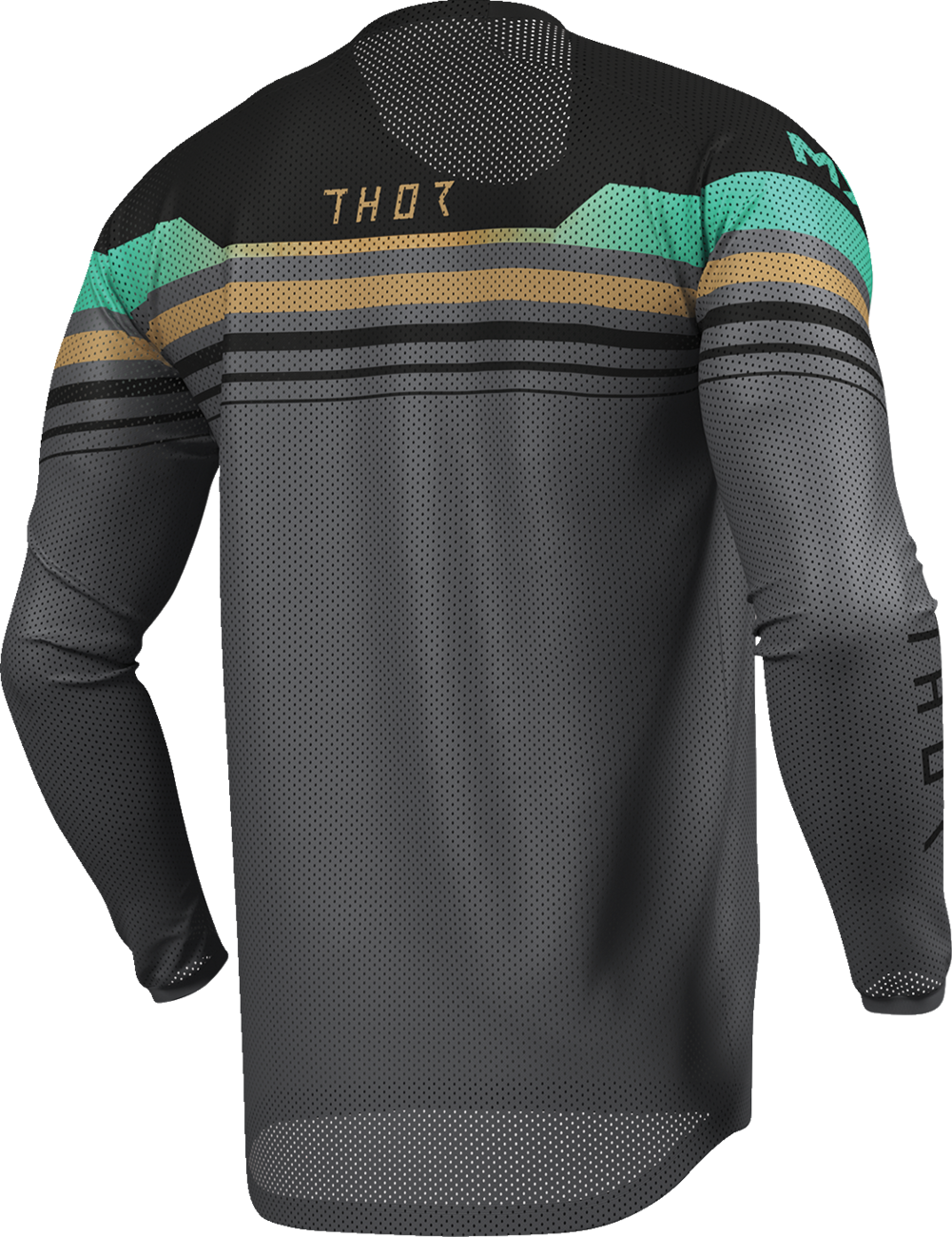 Black and charcoal THOR Launchmode Air Raptor jersey in medium, featuring lightweight fabric and sporty design for motocross riding.