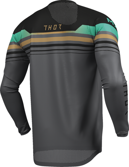 Black and charcoal THOR Launchmode Air Raptor jersey in medium, featuring lightweight fabric and sporty design for motocross riding.