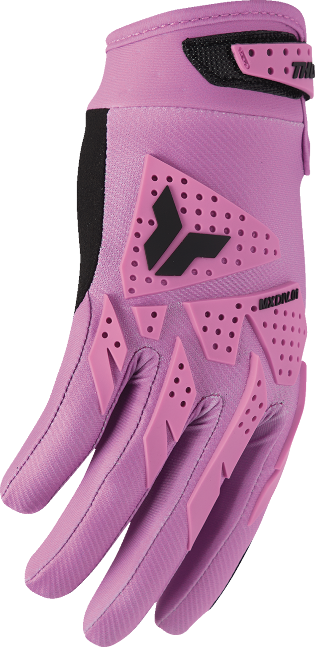 THOR Women's Launchmode XP Gloves in orchid color, medium size, showing the padded palm and adjustable wrist strap.
