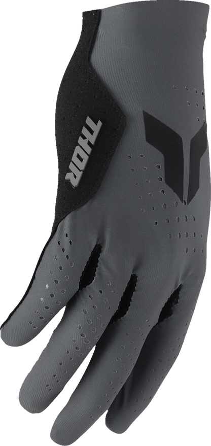 THOR Sportmode Vented Iconic gloves in charcoal, size XL, showing breathable design and secure fit for motorcycle riding.
