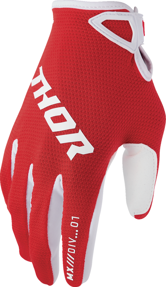 Red THOR Youth Ridemode Static Gloves in small size, featuring protective padding and secure wrist closure.