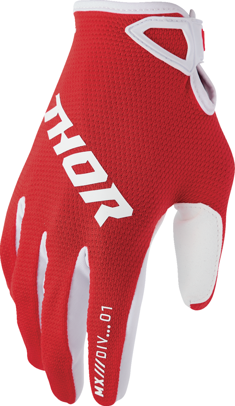Red THOR Youth Ridemode Static Gloves in large size, featuring padded palms and secure wrist closure for motocross riding.