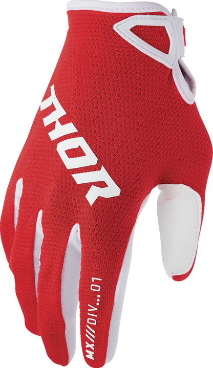Red THOR Youth Ridemode Static Gloves in large size, featuring padded palms and secure wrist closure for motocross riding.