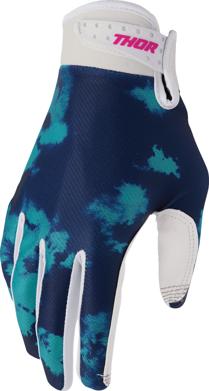 THOR Launchmode bleach gloves in white and aqua, small size, showing padded design and secure wrist closure.