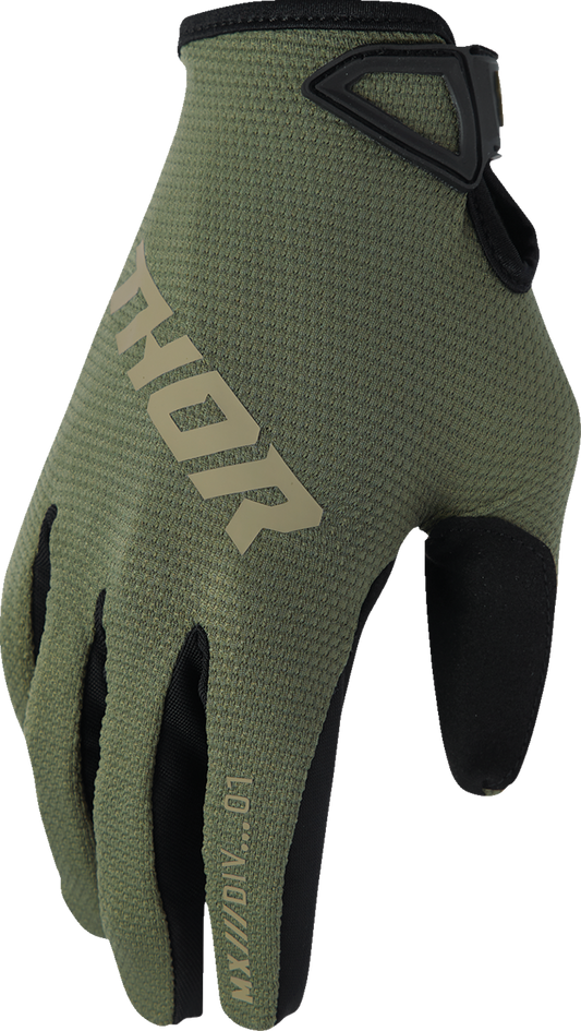 THOR Ridemode Static gloves in camo pattern, XS size, featuring protective padding and durable fabric for motocross riding.