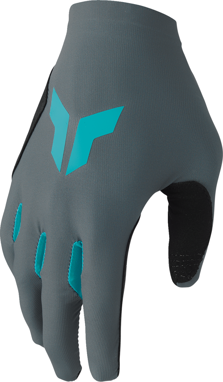 THOR Women's Sportmode Iconic Gloves in gray and aqua, featuring padded palms and adjustable wrist strap for riding comfort.