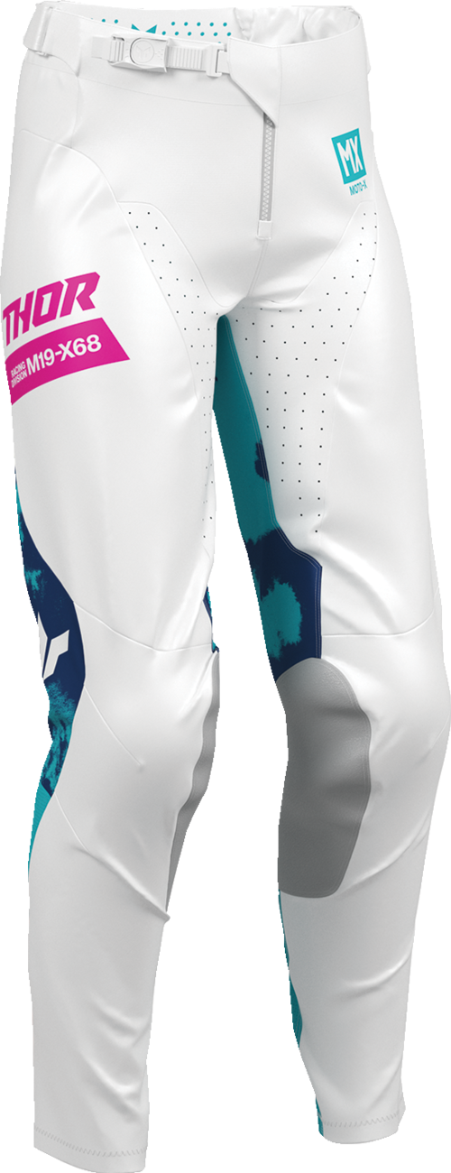 THOR Women's Launchmode bleach pants in white and aqua, featuring a relaxed fit and bold branding on the fabric.