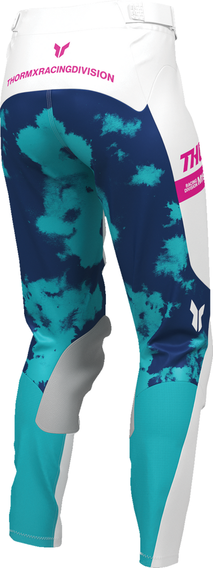 THOR Women's Launchmode Bleach Pants in white and aqua with distressed details and relaxed fit, casual streetwear style.