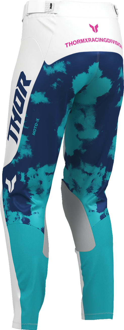 THOR Women's Launchmode Bleach Pants in white and aqua, US 5/6, showing distressed denim style and bleach details.