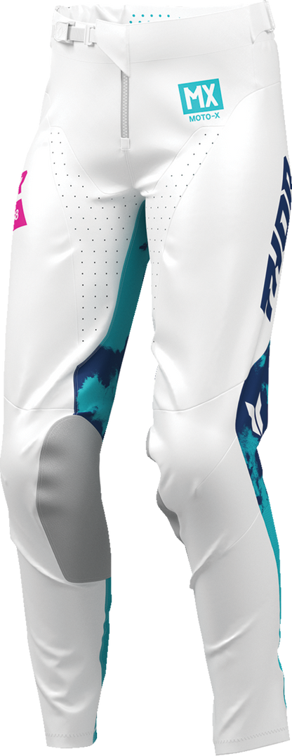 THOR Women's Launchmode Bleach Pants in white and aqua with distressed details, size US 5/6, casual streetwear style.