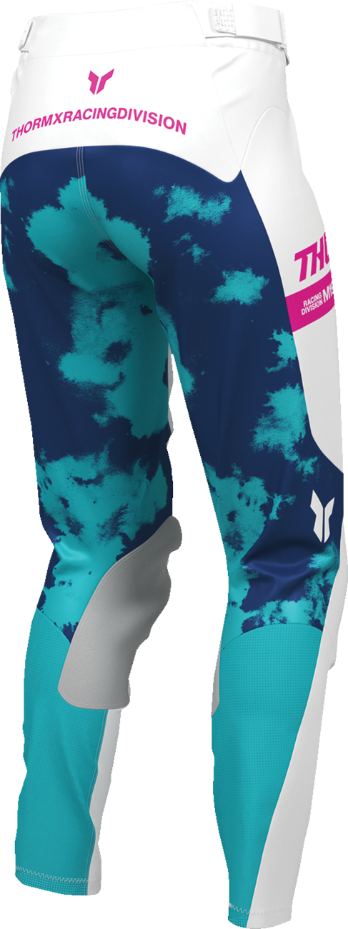 THOR Women's Launchmode bleach pants in white and aqua, US size 5/6, casual streetwear with distressed details.