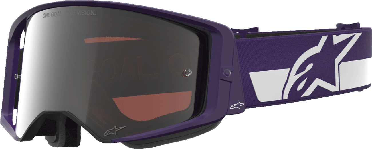 Alpinestars Supertech Goggle Hunta 96 XXV in purple and white with silver mirror lens, racing motorcycle goggles.