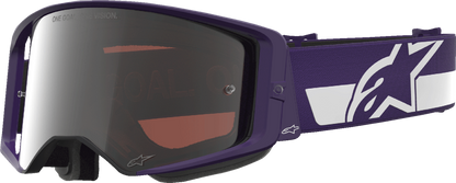Alpinestars Supertech Goggle Hunta 96 XXV in purple and white with silver mirror lens, racing motorcycle goggles.