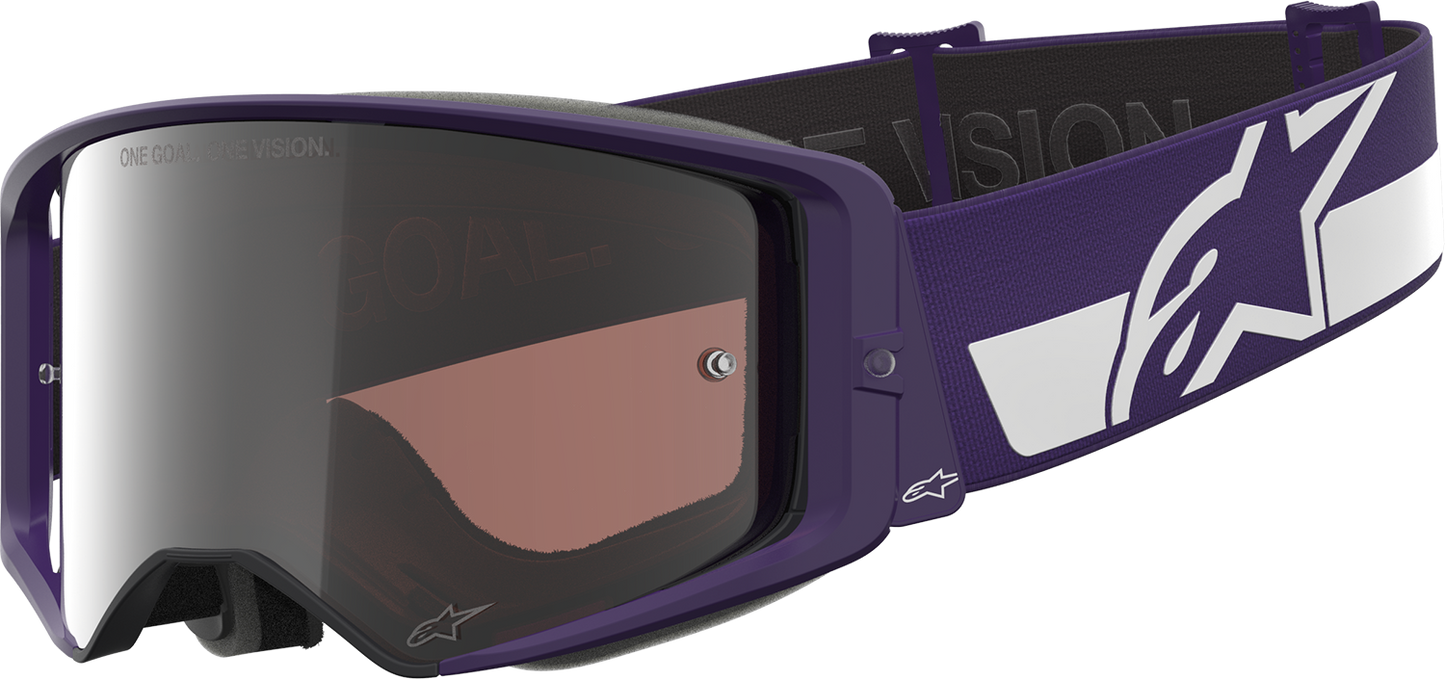 Alpinestars Supertech Goggle Hunta 96 XXV with purple and white frame, silver mirror lens, and adjustable strap for motocross riding.