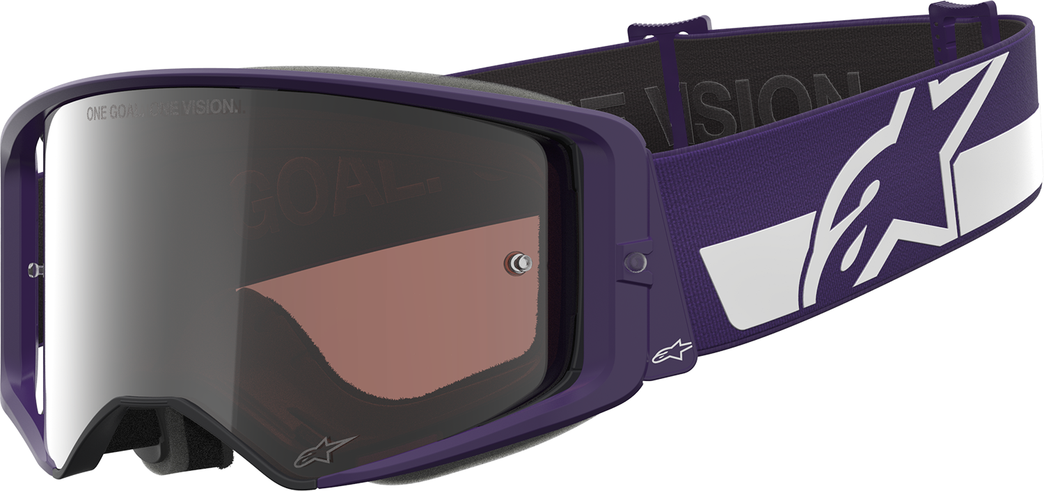 Alpinestars Supertech Goggle Hunta 96 XXV with purple and white frame, silver mirror lens, and adjustable strap for motocross riding.