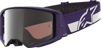 Alpinestars Supertech Goggle Hunta 96 XXV with purple and white frame, silver mirror lens, and adjustable strap for motocross riding.