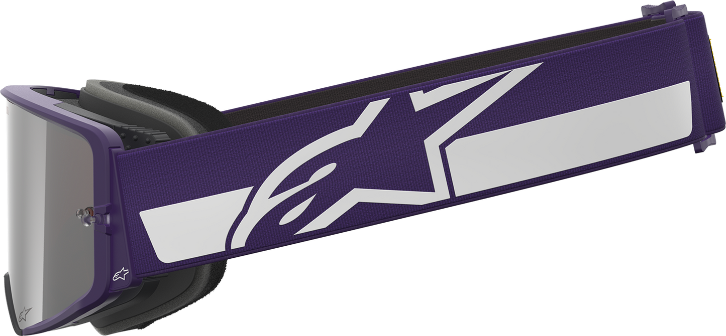 Alpinestars Supertech Goggle Hunta 96 XXV with purple/white frame and silver mirror lens, designed for racing and motocross.