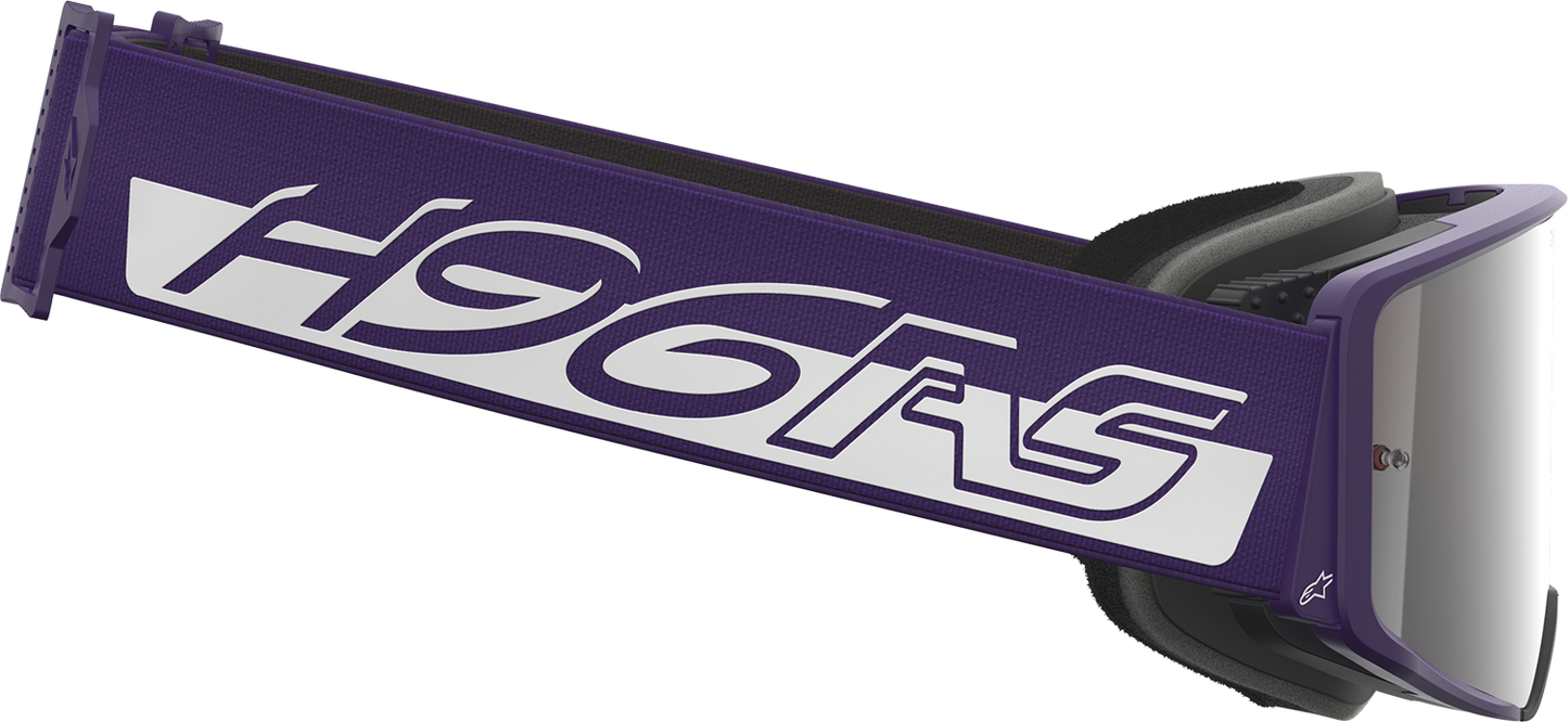 Alpinestars Supertech Goggle in purple and white with silver mirror lens, featuring adjustable strap and aerodynamic design.
