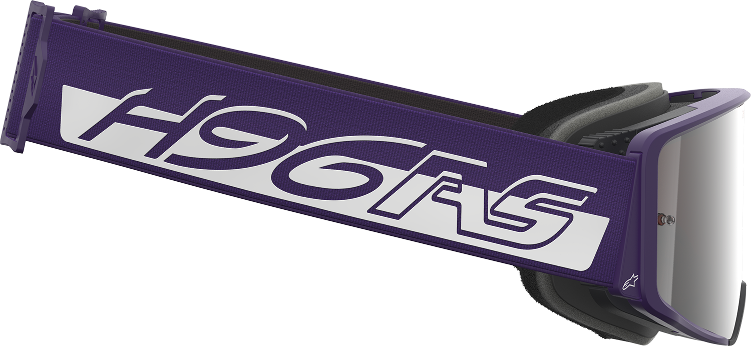Alpinestars Supertech Goggle in purple and white with silver mirror lens, featuring adjustable strap and aerodynamic design.
