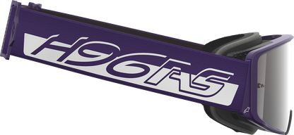 Alpinestars Supertech Goggle in purple and white with silver mirror lens, featuring adjustable strap and aerodynamic design.