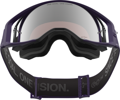 Alpinestars Supertech Goggle Hunta 96 XXV with purple and white frame and silver mirror lens, designed for motocross riding.
