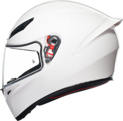 White AGV K1 S helmet with XS size, featuring advanced safety and comfort design for motorcycle riders.