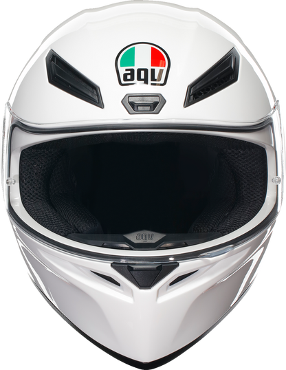AGV K1 S white helmet with XS size showing aerodynamic design and ventilation features for safety and comfort.