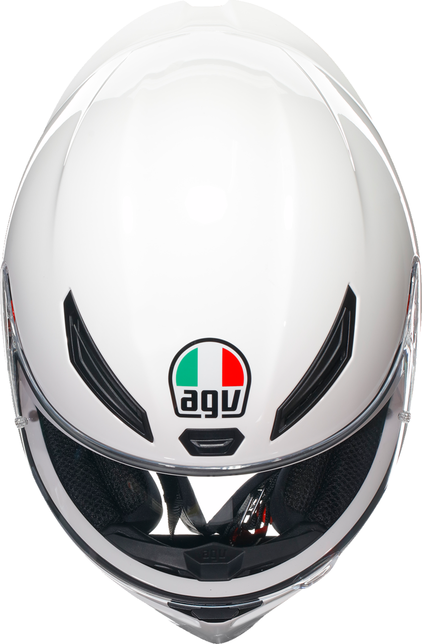 White AGV K1 S helmet in XS size with aerodynamic design and ventilation, showcasing advanced safety and comfort features.