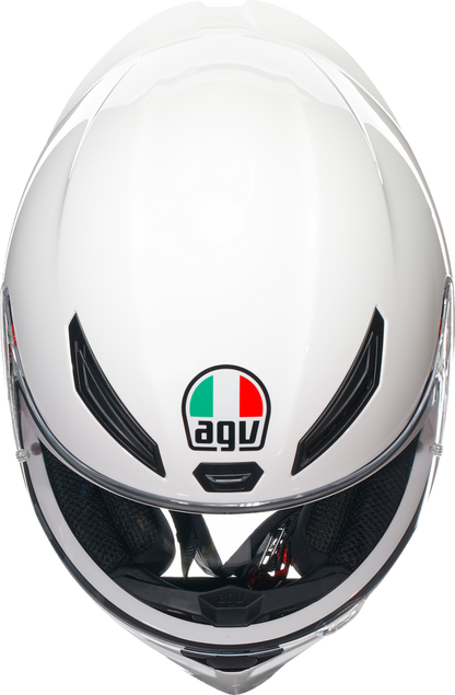 White AGV K1 S helmet in XS size with aerodynamic design and ventilation, showcasing advanced safety and comfort features.