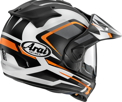 Orange Frost ARAI XD-5 Discovery motorcycle helmet in XL size with matte finish, featuring aerodynamic design and secure chin strap.