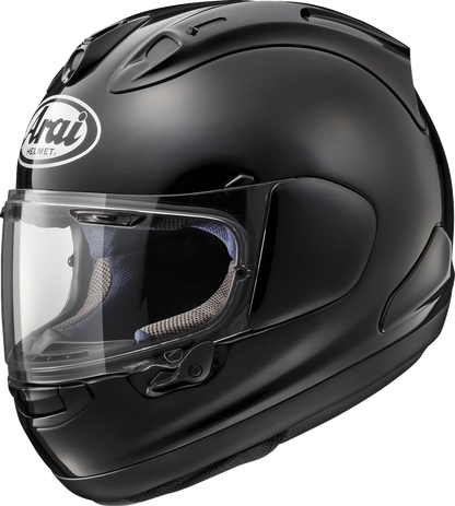 Black ARAI Corsair-X motorcycle helmet in large size, featuring aerodynamic design and full-face protection.