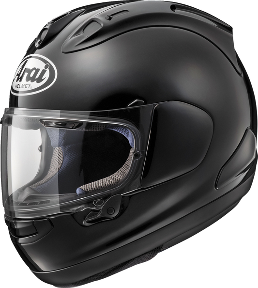 Black ARAI Corsair-X motorcycle helmet in large size, featuring aerodynamic design and full-face protection.