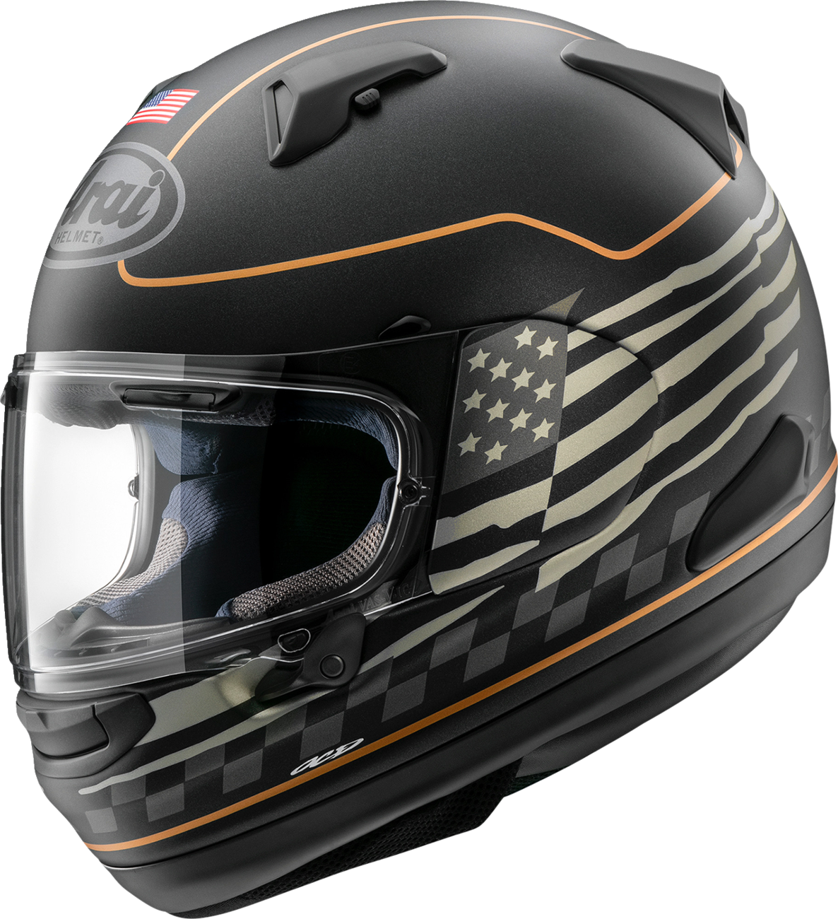 Arai Signet-X US Flag Black Frost motorcycle helmet in XL size with detailed US flag design and sleek black frost finish